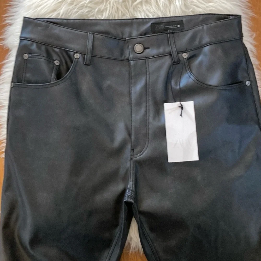 Zara High-Waist Faux Leather Washed Effect Bootcut Cropped Pants ZW Collection